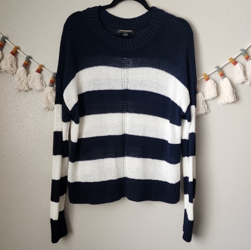 Banana Republic Open Knit Stripe Nautical Drop Shoulder Pullover Top Beachy M